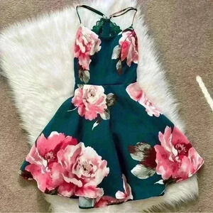 City Triangles Y2K Flare Green & Pink Floral Open Back Mini Dress